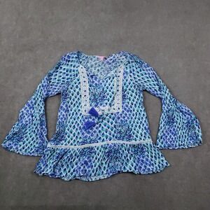 Lilly Pulitzer Amisa Top Womens XS‎ Blue Green Boho Peplum Bell Sleeve Tunic